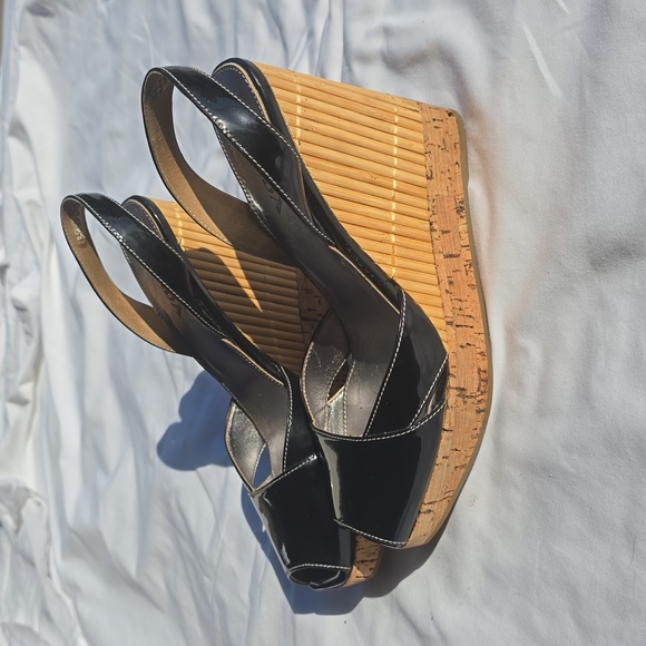Prada Black Patent Wedges With Cork Heel
